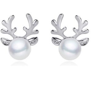 Reindeer antlers pearl silver tone earrings